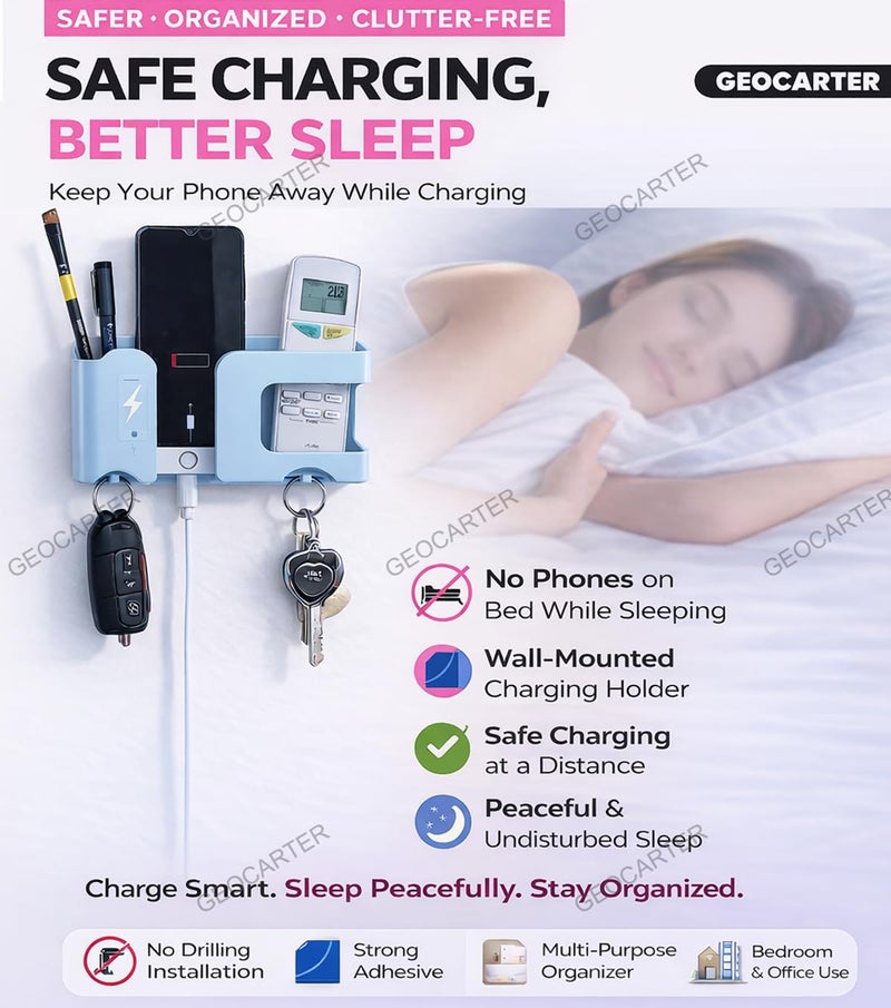 GEOCARTER Wall Mobile Holder | Multi-Purpose Mobile Stand for Wall | Remote Holder & Mobile Charging Stand | Phone Holder for Charging | Kitchen Organizer Rack Mounted | Useful Gadget-Blue - Image 4