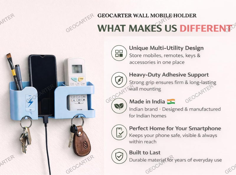 GEOCARTER Wall Mobile Holder | Multi-Purpose Mobile Stand for Wall | Remote Holder & Mobile Charging Stand | Phone Holder for Charging | Kitchen Organizer Rack Mounted | Useful Gadget-Blue - Image 3