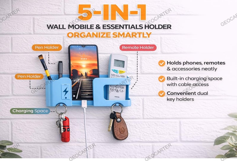 GEOCARTER Wall Mobile Holder | Multi-Purpose Mobile Stand for Wall | Remote Holder & Mobile Charging Stand | Phone Holder for Charging | Kitchen Organizer Rack Mounted | Useful Gadget-Blue - Image 2