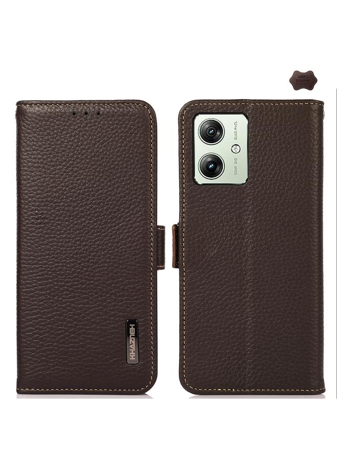 اس-توب جراب لهاتف Motorola Moto G64 5G من KHAZNEH، جراب هاتف RFID من الجلد الطبيعي من الليتشي بمغناطيس جانبي - Image 1