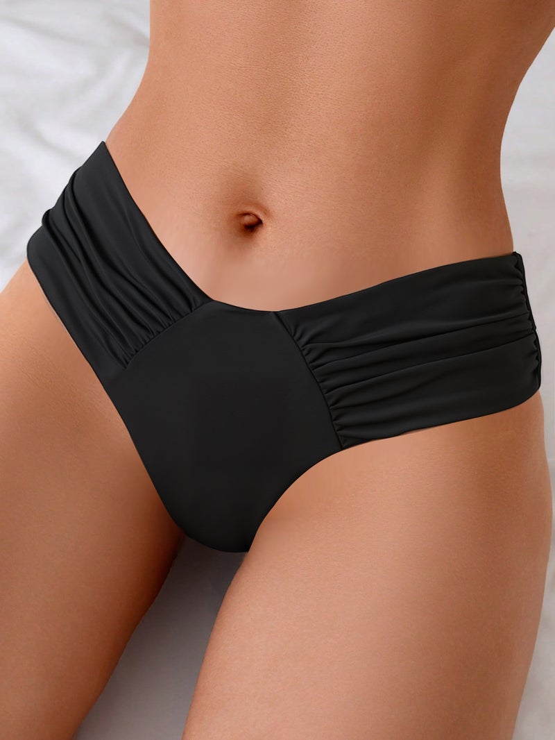 2025 New Pure Color Sexy and Export Bikini Pleated Low-Waist Swimsuit Swimsuit Briefs - Image 1