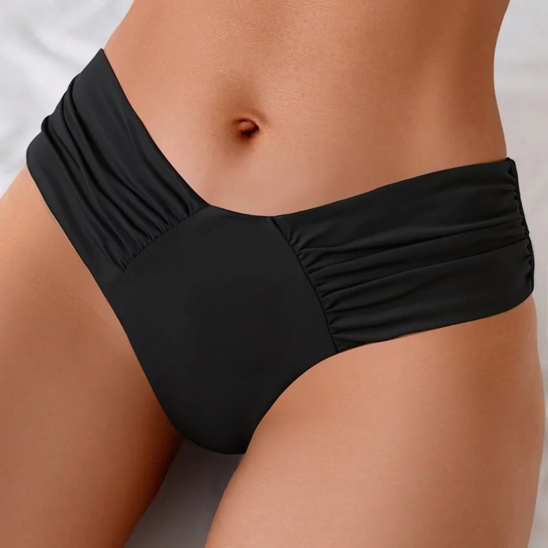 2025 New Pure Color Sexy and Export Bikini Pleated Low-Waist Swimsuit Swimsuit Briefs - Image 2