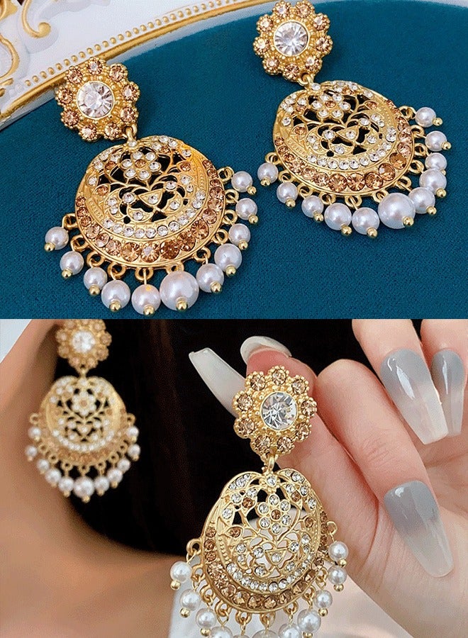 Ethnic Indian Jhumka Earrings for Ladies, Gold Plated Pearl & Crystal Statement Earrings, Traditional Lightweight Wedding Earrings - Image 1