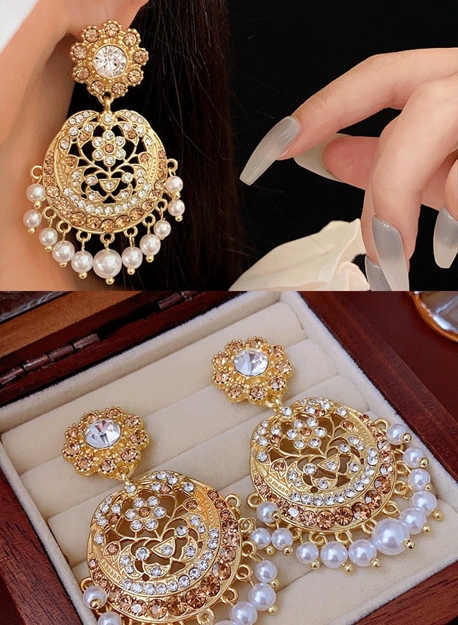 Ethnic Indian Jhumka Earrings for Ladies, Gold Plated Pearl & Crystal Statement Earrings, Traditional Lightweight Wedding Earrings - Image 2