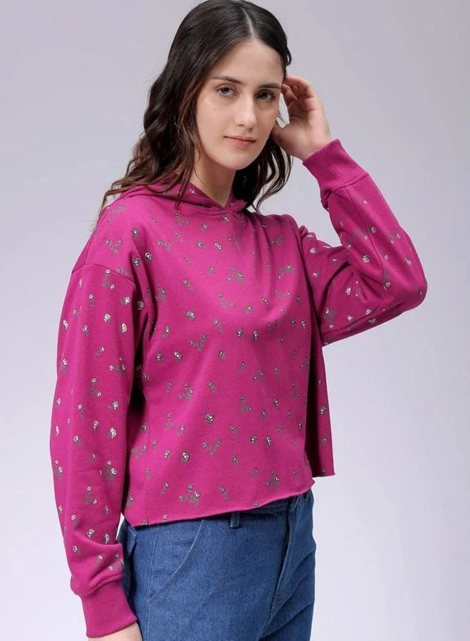 Women Relaxed Fit Ditsy Printed Hooded Neck Long Sleeve Hooded Sweatshirt