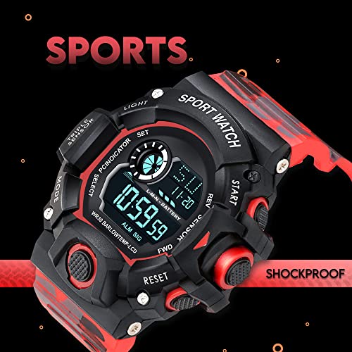 ASGARD Multi Functional Silicone Sports Digital Black Dial Men's Watch (Black Dial Red Colored Strap) (Camo Red) - Image 3