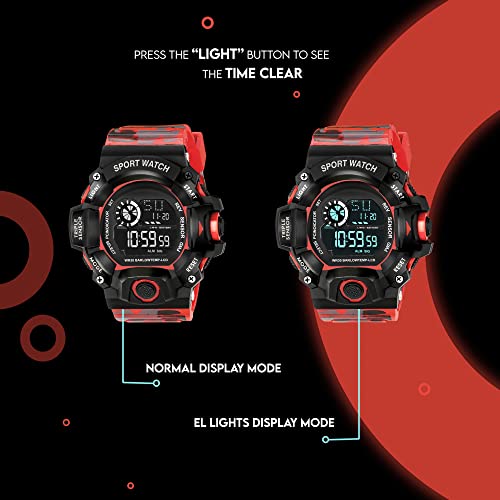 ASGARD Multi Functional Silicone Sports Digital Black Dial Men's Watch (Black Dial Red Colored Strap) (Camo Red) - Image 5