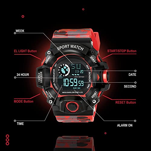 ASGARD Multi Functional Silicone Sports Digital Black Dial Men's Watch (Black Dial Red Colored Strap) (Camo Red) - Image 2