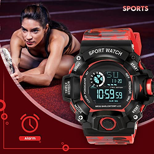 ASGARD Multi Functional Silicone Sports Digital Black Dial Men's Watch (Black Dial Red Colored Strap) (Camo Red) - Image 4