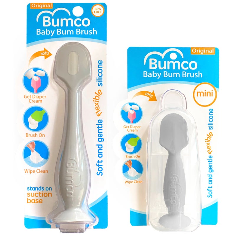 Baby Bum Brush Bumco Baby Bum Brush + Mini Baby Diaper Cream Spatula with Case - BPA-Free Silicone Diaper Spatula, Mom-Invented Butt Paste Applicator (Gray & Gray) - Image 1