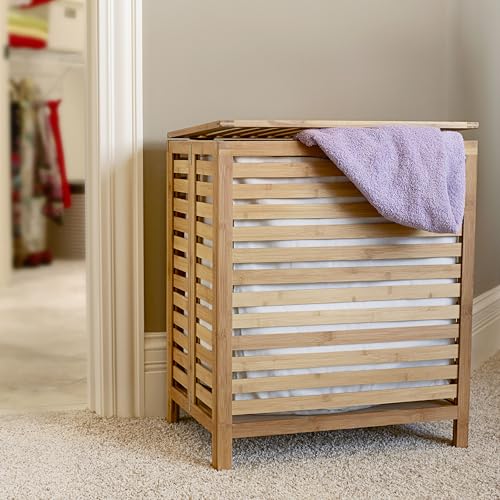 Household Essentials Bamboo Laundry Hamper, Slated Hamper with Natural Cotton Bag, Removable Bag and Foldable Frame, Chic and Environmentally Friendly - Image 2