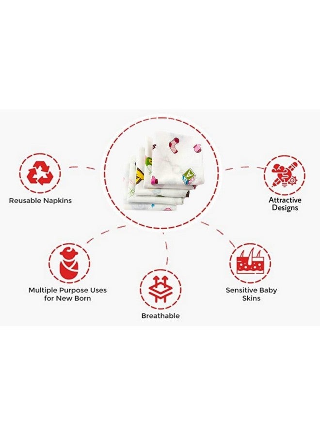 Trance Home Linen Super Soft 100% Cotton Thin Malmal Face Towels | Reusable Hygiene Wash Cloth | Napkin For New Babies | School Use (Small 40X40 Cm, Nursery Designs - Pack Of 5 Pcs), 200 Tc - Image 4