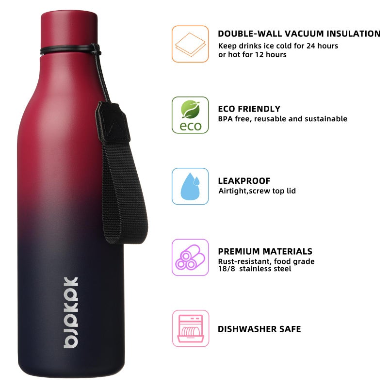 Bjpkpk Insulated Water Bottles  25 Oz Stainless Steel Metal Water Bottle With Strap  Bpa Free Leak Proof Jugs  Mugs  Flasks  Reusable Thermal Flasks For Sports & Travel Charming Red - Image 2