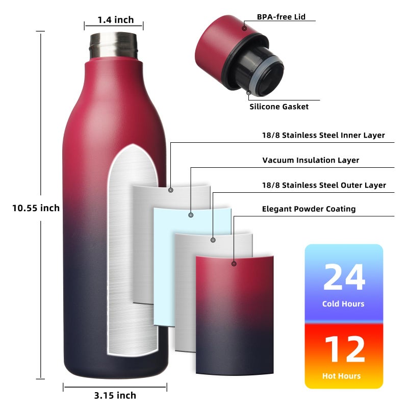 Bjpkpk Insulated Water Bottles  25 Oz Stainless Steel Metal Water Bottle With Strap  Bpa Free Leak Proof Jugs  Mugs  Flasks  Reusable Thermal Flasks For Sports & Travel Charming Red - Image 3