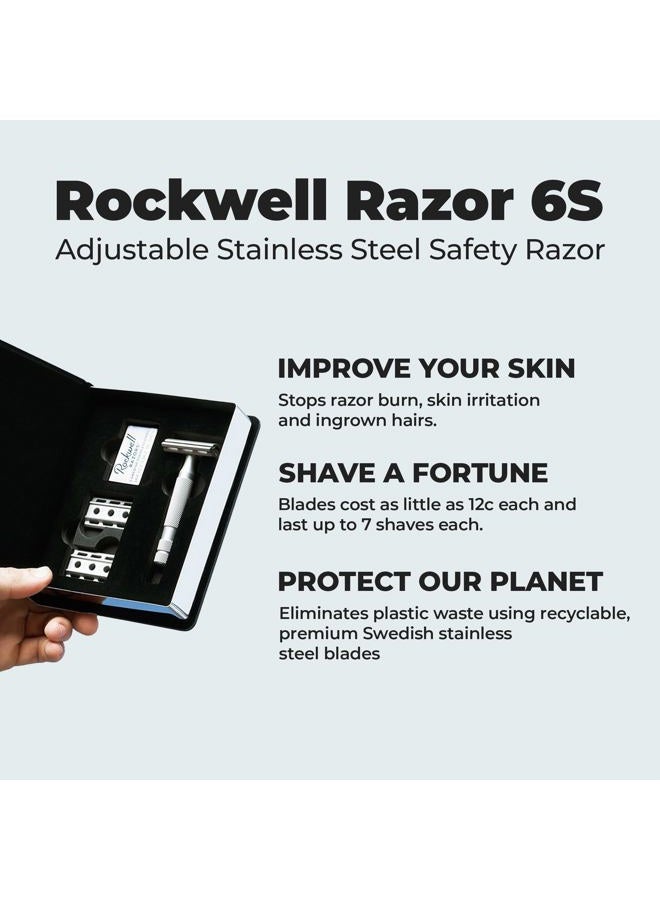 rockwell razors شفرة حلاقة روكويل 6S ذات الحواف المزدوجة بأمان باللون الفضي غير اللامع مع 6 إعدادات حلاقة قابلة للتعديل و5 شفرات قابلة لإعادة التدوير بالكامل. شفرات حلاقة آمنة قابلة لإعادة الاستخدام للرجال والنساء. - Image 3