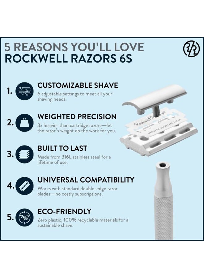 rockwell razors شفرة حلاقة روكويل 6S ذات الحواف المزدوجة بأمان باللون الفضي غير اللامع مع 6 إعدادات حلاقة قابلة للتعديل و5 شفرات قابلة لإعادة التدوير بالكامل. شفرات حلاقة آمنة قابلة لإعادة الاستخدام للرجال والنساء. - Image 2