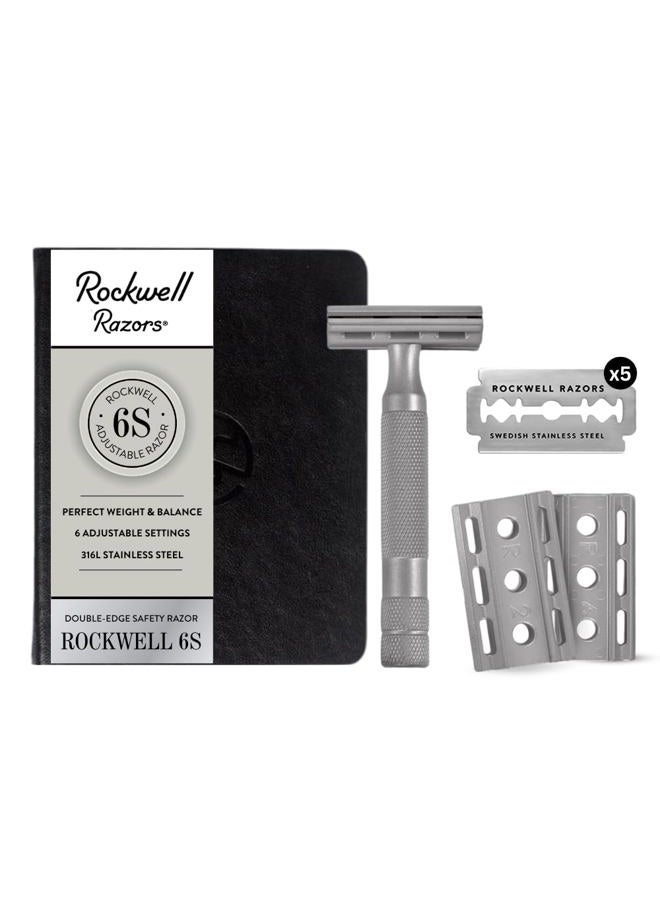 rockwell razors شفرة حلاقة روكويل 6S ذات الحواف المزدوجة بأمان باللون الفضي غير اللامع مع 6 إعدادات حلاقة قابلة للتعديل و5 شفرات قابلة لإعادة التدوير بالكامل. شفرات حلاقة آمنة قابلة لإعادة الاستخدام للرجال والنساء. - Image 1