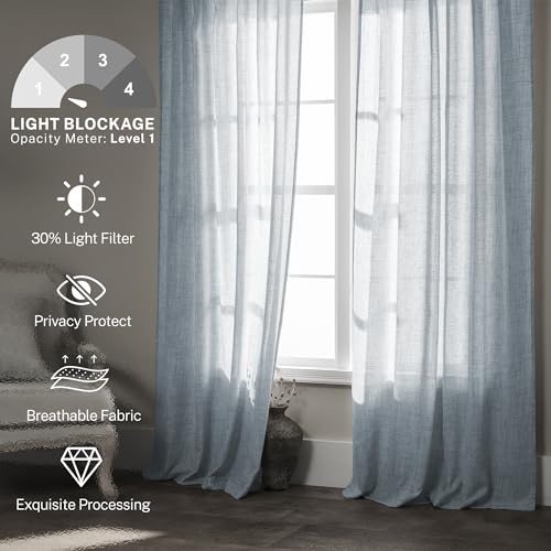 MEETBILY Dusty Blue Linen Curtains 84 Inches Long for Living Room 2 Panels Set Back Tab Farmhouse Boho Light Filtering Semi Sheer Stone Blue Curtains Grey Blue Drapes for Bedroom Vintage Country Decor - Image 2