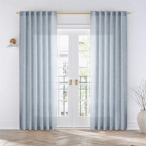 MEETBILY Dusty Blue Linen Curtains 84 Inches Long for Living Room 2 Panels Set Back Tab Farmhouse Boho Light Filtering Semi Sheer Stone Blue Curtains Grey Blue Drapes for Bedroom Vintage Country Decor - Image 1