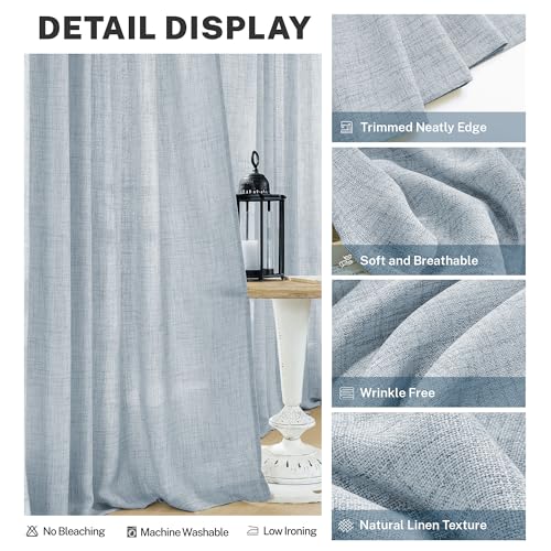 MEETBILY Dusty Blue Linen Curtains 84 Inches Long for Living Room 2 Panels Set Back Tab Farmhouse Boho Light Filtering Semi Sheer Stone Blue Curtains Grey Blue Drapes for Bedroom Vintage Country Decor - Image 3