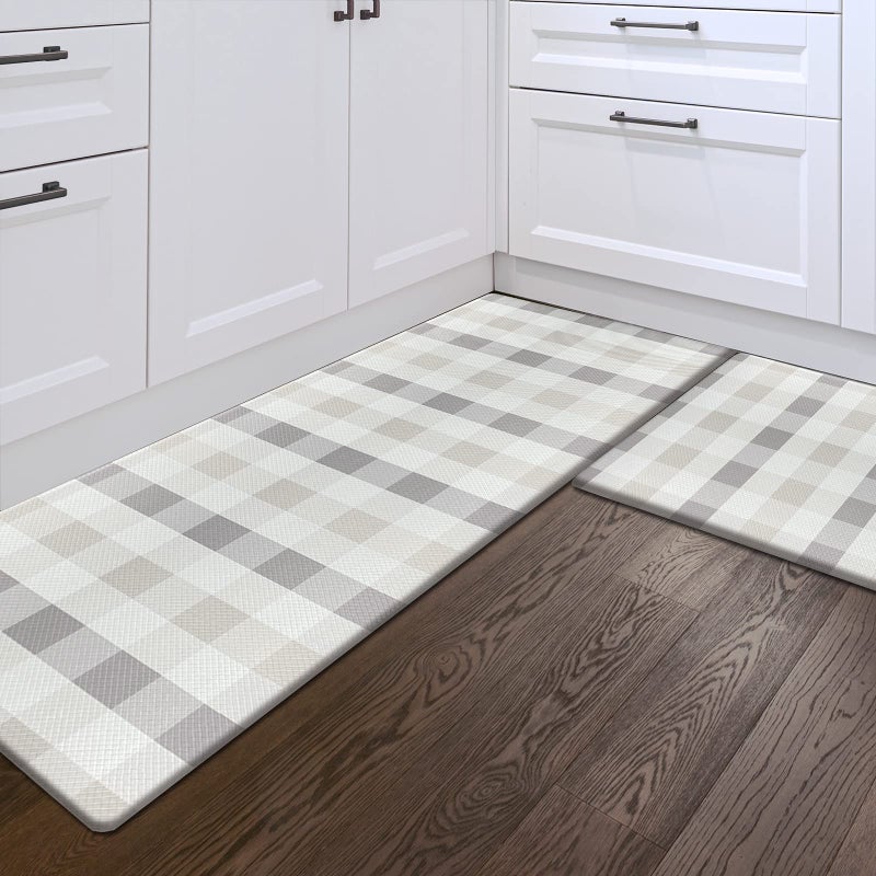 Sunlit Set of 2 Anti Fatigue Kitchen Floor Mat, Non Slip Waterproof Comfort Standing Mat, 0.4Inch Thick Cushioned Farmhouse Kitchen Rug Runner, Buffalo Plaid(Size:17"x28"&17"x47") Light Coffee - Image 1
