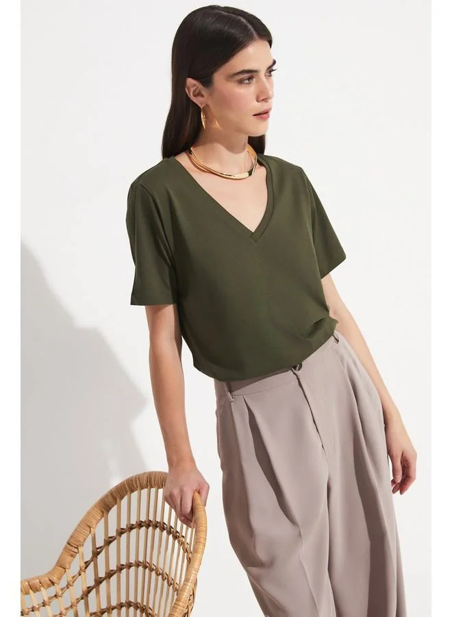JUNE June V-Neck 100% Cotton Basic Tshirt Khaki