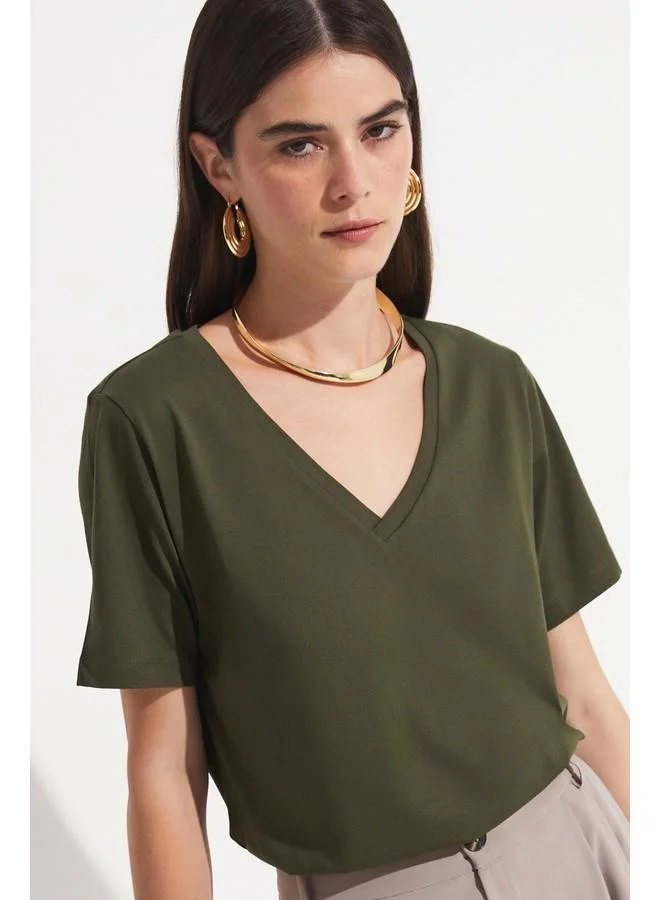 JUNE June V-Neck 100% Cotton Basic Tshirt Khaki