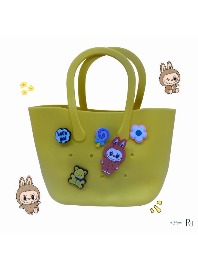 Yellow Silicone Tote Bag with Labubu Character & Cute Cartoon Charms
