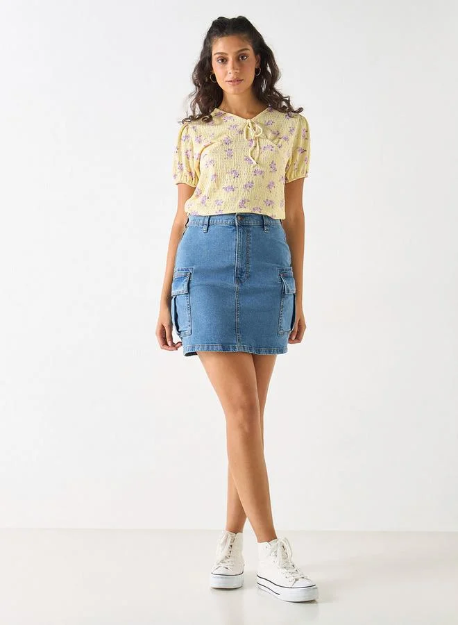 2Xtremz 2Xtremz Printed Top with Tie-Up Neck and Short Sleeves