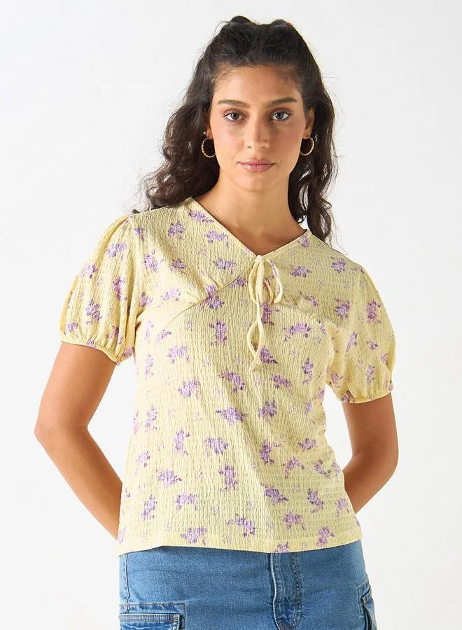 2Xtremz 2Xtremz Printed Top with Tie-Up Neck and Short Sleeves