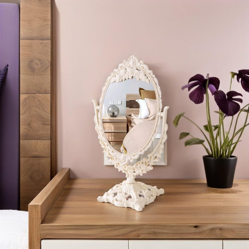 Vintage European Vanity Mirror with 360 Degree Rotation for Bedroom Desk Cream White - Image 5