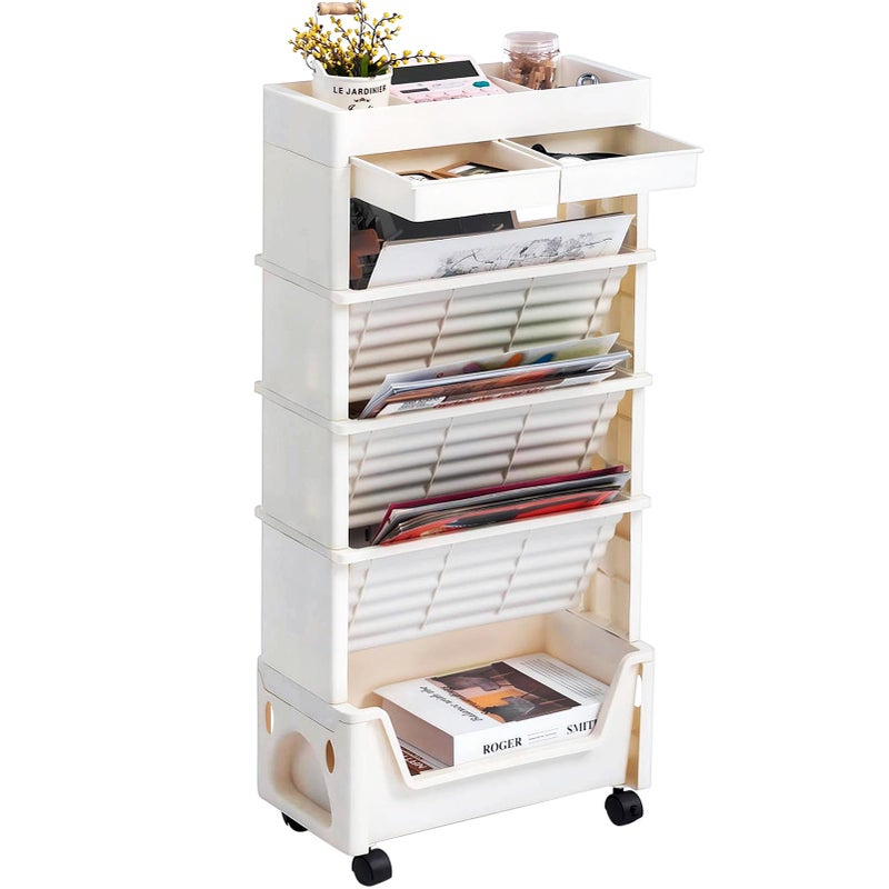 AGTEK 5 Tier Rolling Utility Cart Book Cart with Wheels Office Book Carts with Divided Top Shelf for Organizing Books and Supplies in Home Office Classroom White