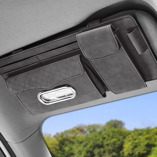 AUGEN PU Leather Multi-Function Car Space Sun Visor Organizer Tissue Napkin Box Compartment, with Sunglass Compartment, Card Slot, Pen Section (Grey) - Image 1