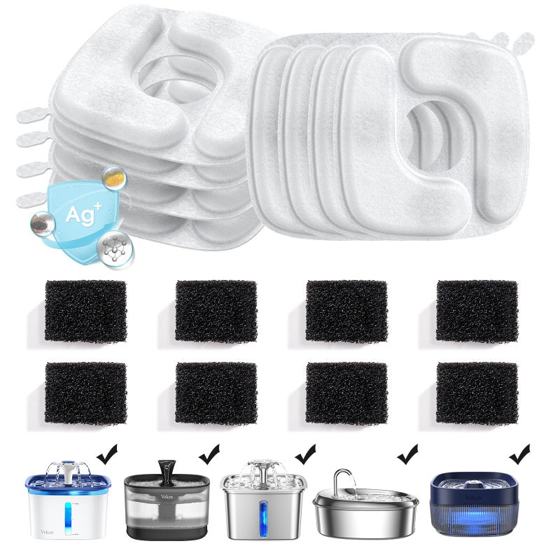 Veken Cat Water Fountain Filters, 8 Pack Replacement Filters & 8 Pack Replacement Pre-Filter Sponges Set for 50oz, 84oz, 95oz or 108oz Automatic Pet Fountain Dog Water Dispenser - Image 1