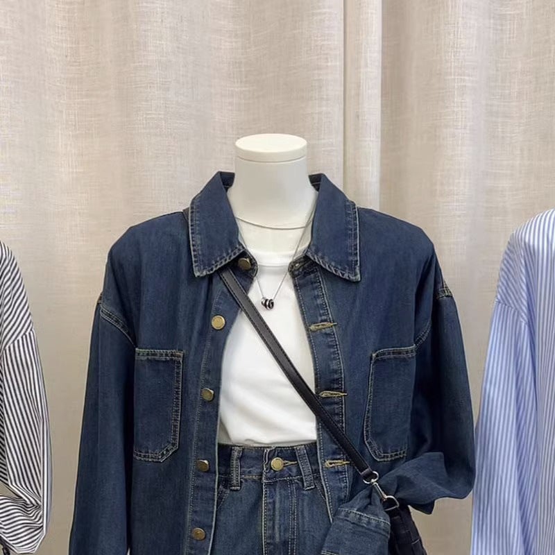 2024 Early Autumn New Korean Style Retro Casual Single-breasted Denim Shirt Jacket High Waist Skirt Two-piece Set for Women "Single piece" Denim coat