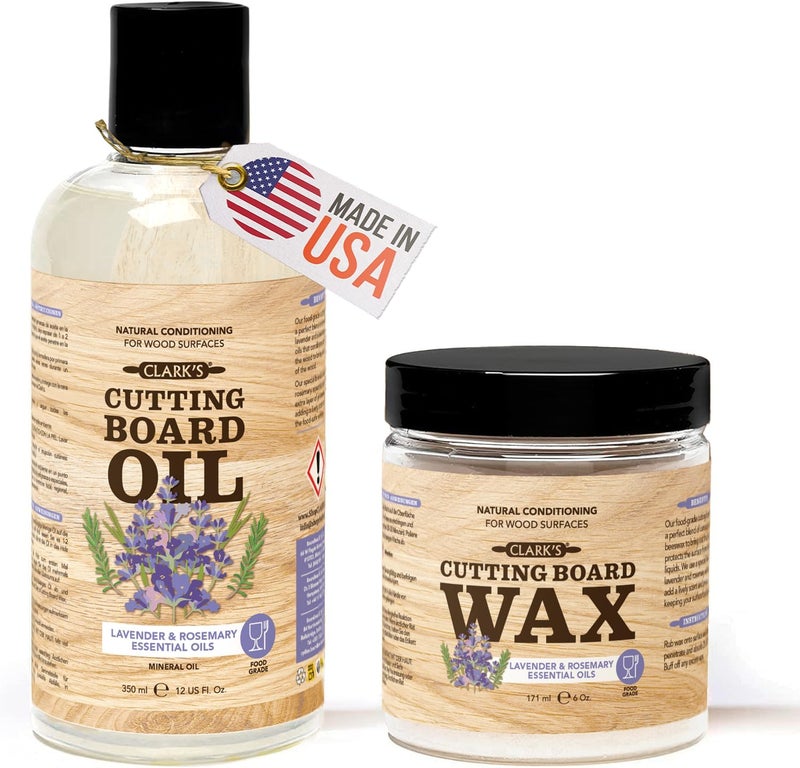 Clark's Food Grade Mineral Oil (12oz) and Carnauba Wax (6oz) Set - 100% Natural Butcher Block Oil and Cutting Board Wax - Food Safe Beeswax and Wood Cutting Board Oil with Lavender & Rosemary Extract - Image 1