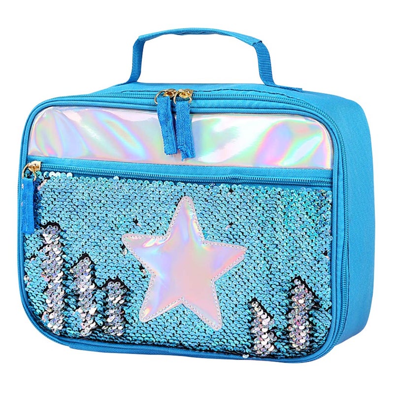 Handheld Lunch Box Reusable Insulated Flip Sequins Lunch Tote Bag Handheld Box Roomy Carry Bag Lunchbox Gifts for WomenGlittering Shining Travel Meal Tote Kit Blue Star