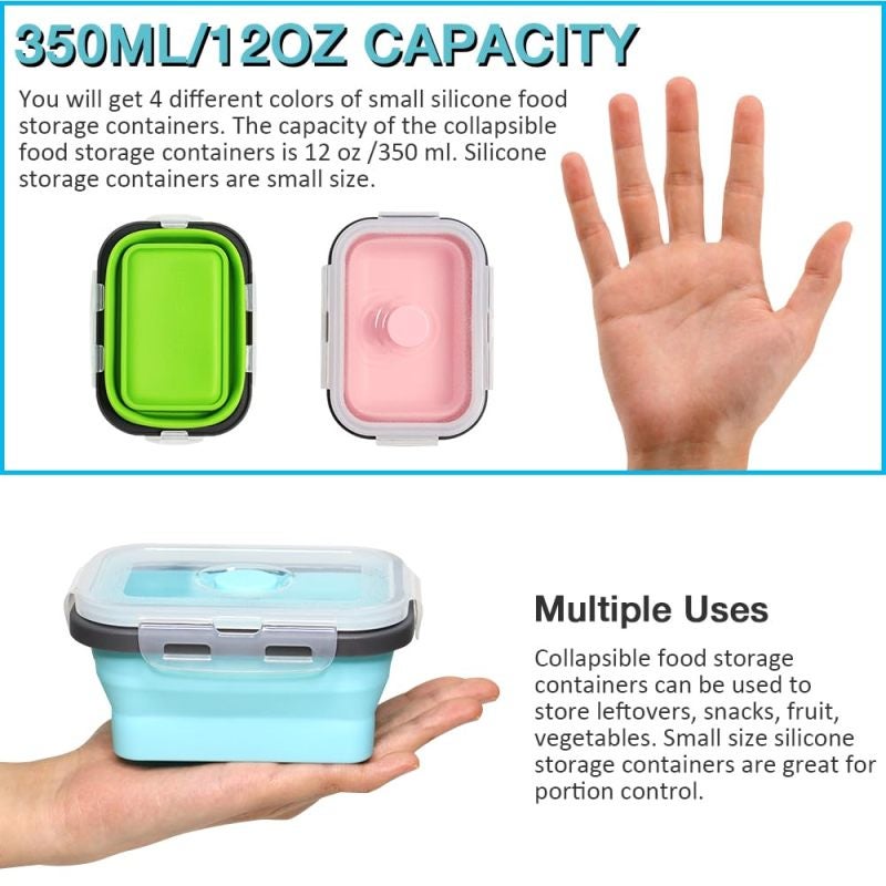 Collapsible Silicone Food Container: 4-Pack 12 Oz Space-Saving Design - Leak-Proof Airtight Seal Microwave Safe Food Storage for Camping Hiking Picnic Small Kitchens Dorm Rooms RVs - Image 4