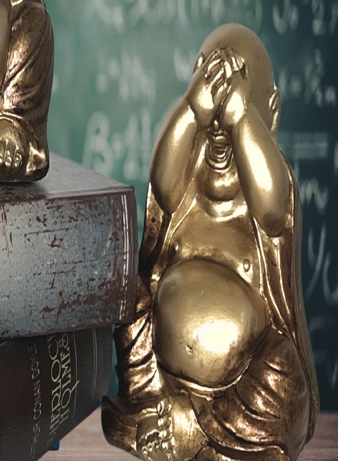 Bellaa Happy Laughing Buddha Hotei Feng Shui Statue for Money Wealth Zen Chinese Buddhist Monk Budai Luck Happiness Hear-No, See-No, Speak-No Evil 3 Gold 26058 - Image 3