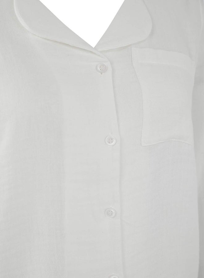 trendyol Ecru 100% Cotton Pocket Muslin Fabric Woven Pajama Set - Image 5