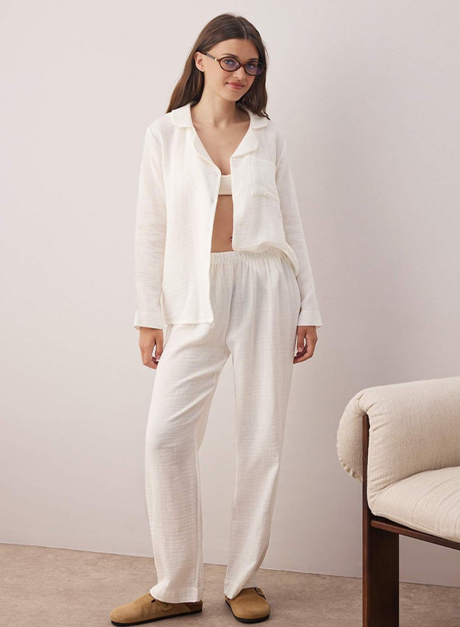 trendyol Ecru 100% Cotton Pocket Muslin Fabric Woven Pajama Set - Image 1