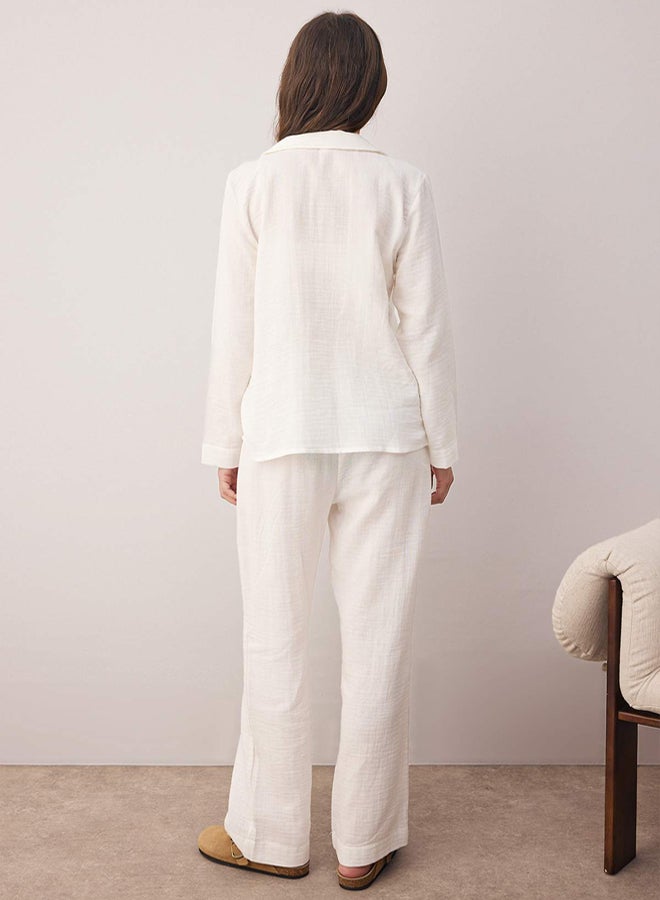 trendyol Ecru 100% Cotton Pocket Muslin Fabric Woven Pajama Set - Image 4