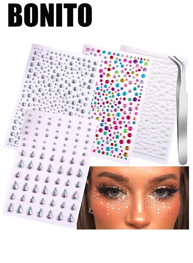 BONITO 4-Sheet Face Gems for Makeup Festival, Self Adhesive Face Rhinestones with Tweezer, Pearl Rhinestones Stickers for Face, Eye and Hair  - Image 1