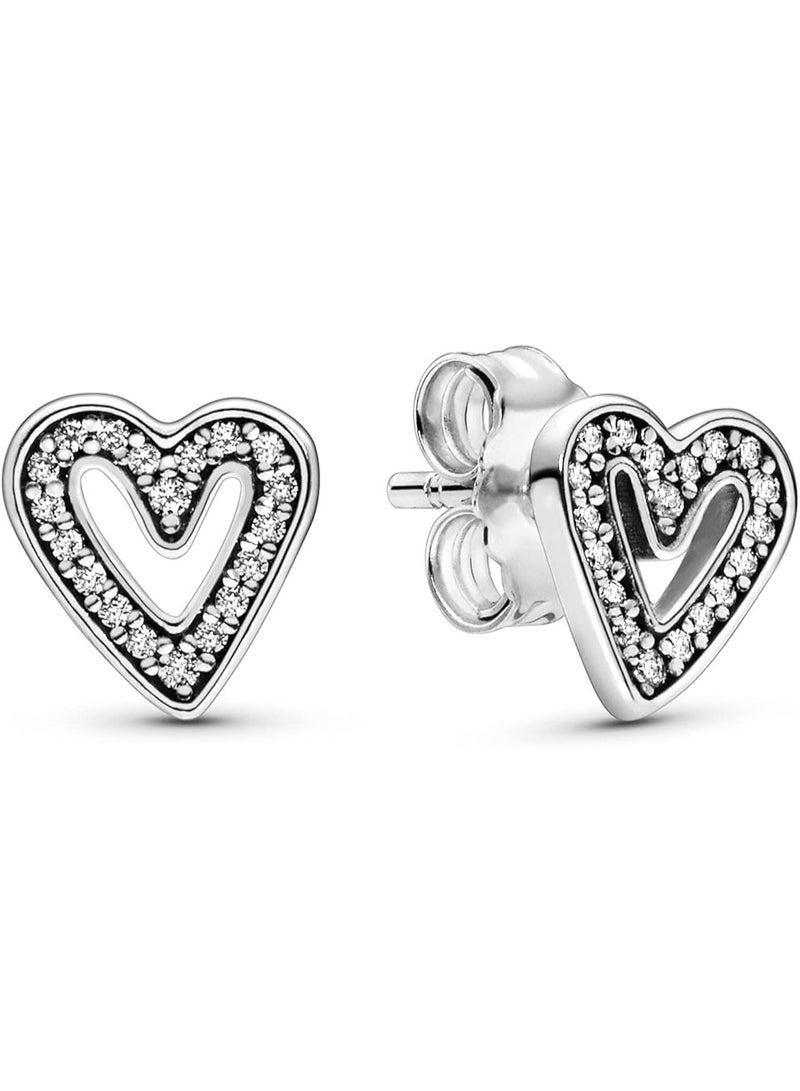 PANDORA Heart Sterling Silver Stud Earrings with Clear Cubic Zirconia - Image 2