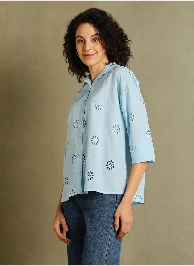 Dennis Lingo Schiffli Design 3/4 Sleeves Relaxed Fit Shirt by Styli  - Image 2