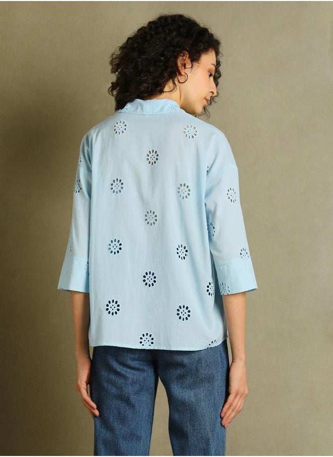 Dennis Lingo Schiffli Design 3/4 Sleeves Relaxed Fit Shirt by Styli  - Image 3
