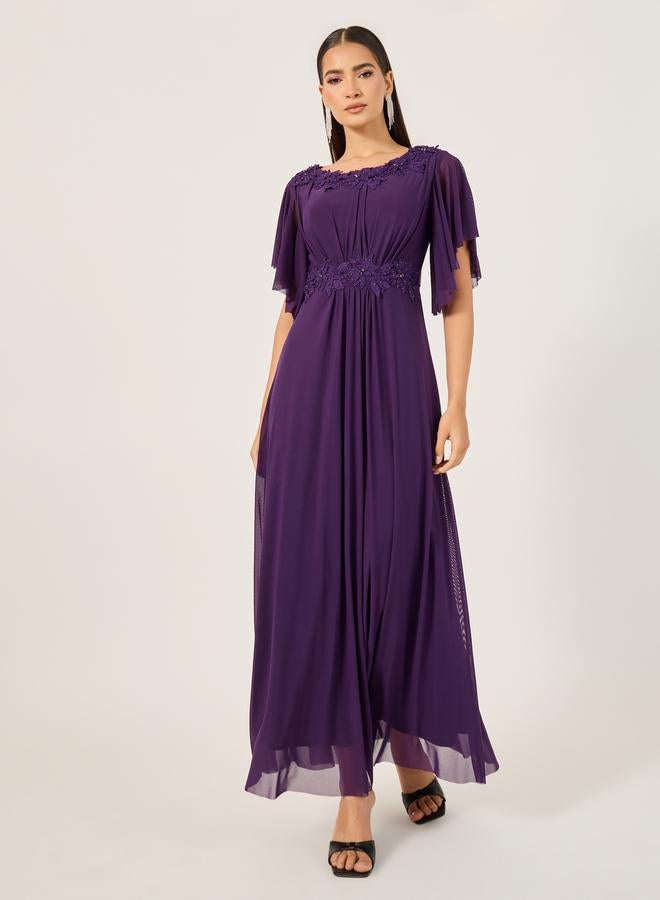 Styli Embroidered Short Sleeves A-Line Maxi Dress  - Image 1