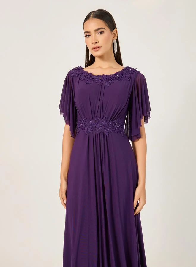 Styli Embroidered Short Sleeves A-Line Maxi Dress
