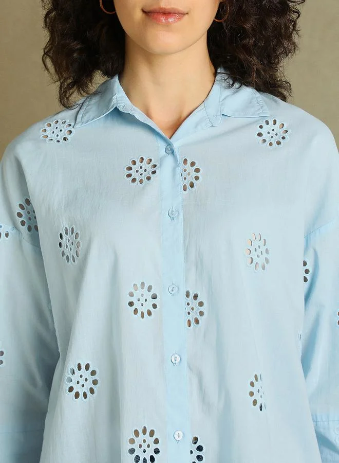 Dennis Lingo Schiffli Design 3/4 Sleeves Relaxed Fit Shirt by Styli