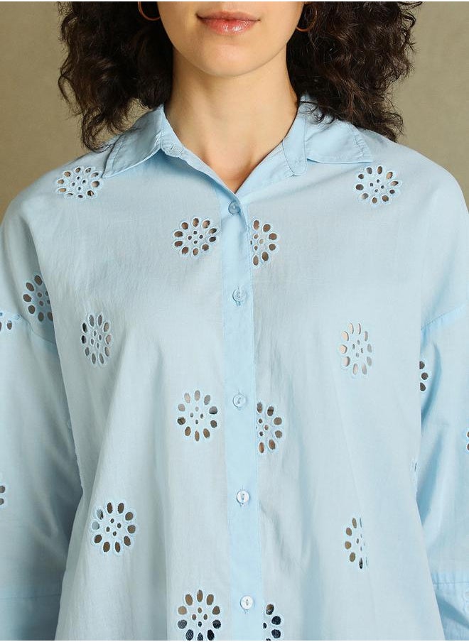 Dennis Lingo Schiffli Design 3/4 Sleeves Relaxed Fit Shirt by Styli  - Image 4